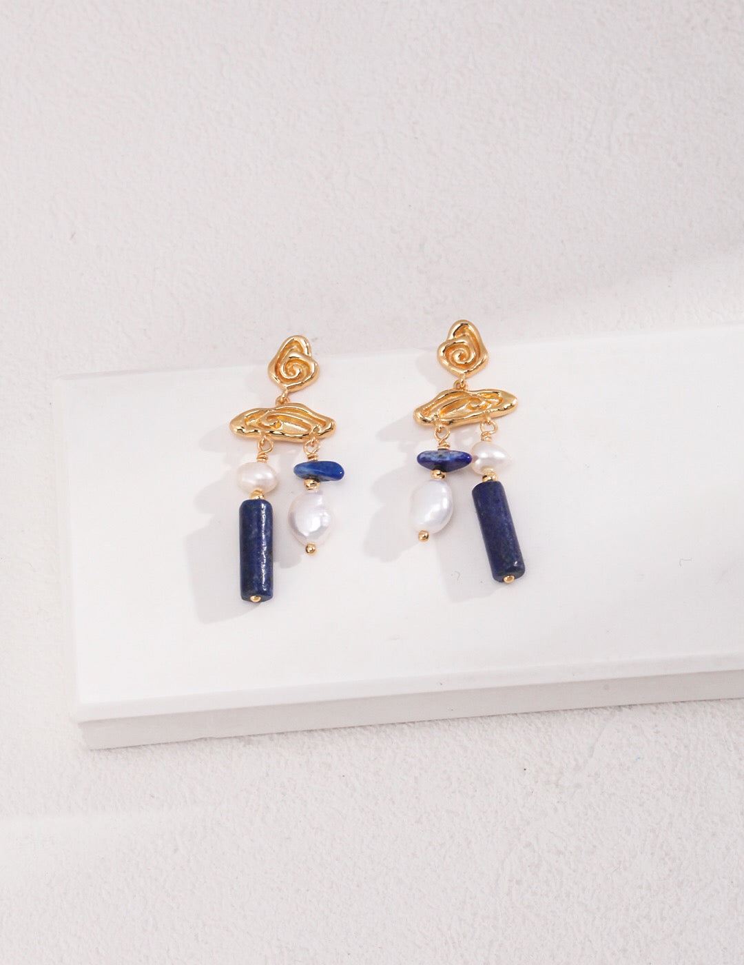 Elegant Blue Lapis Stone with Pearls Earrings, featuring natural pearls and gold vermeil, handcrafted for a luxurious look.