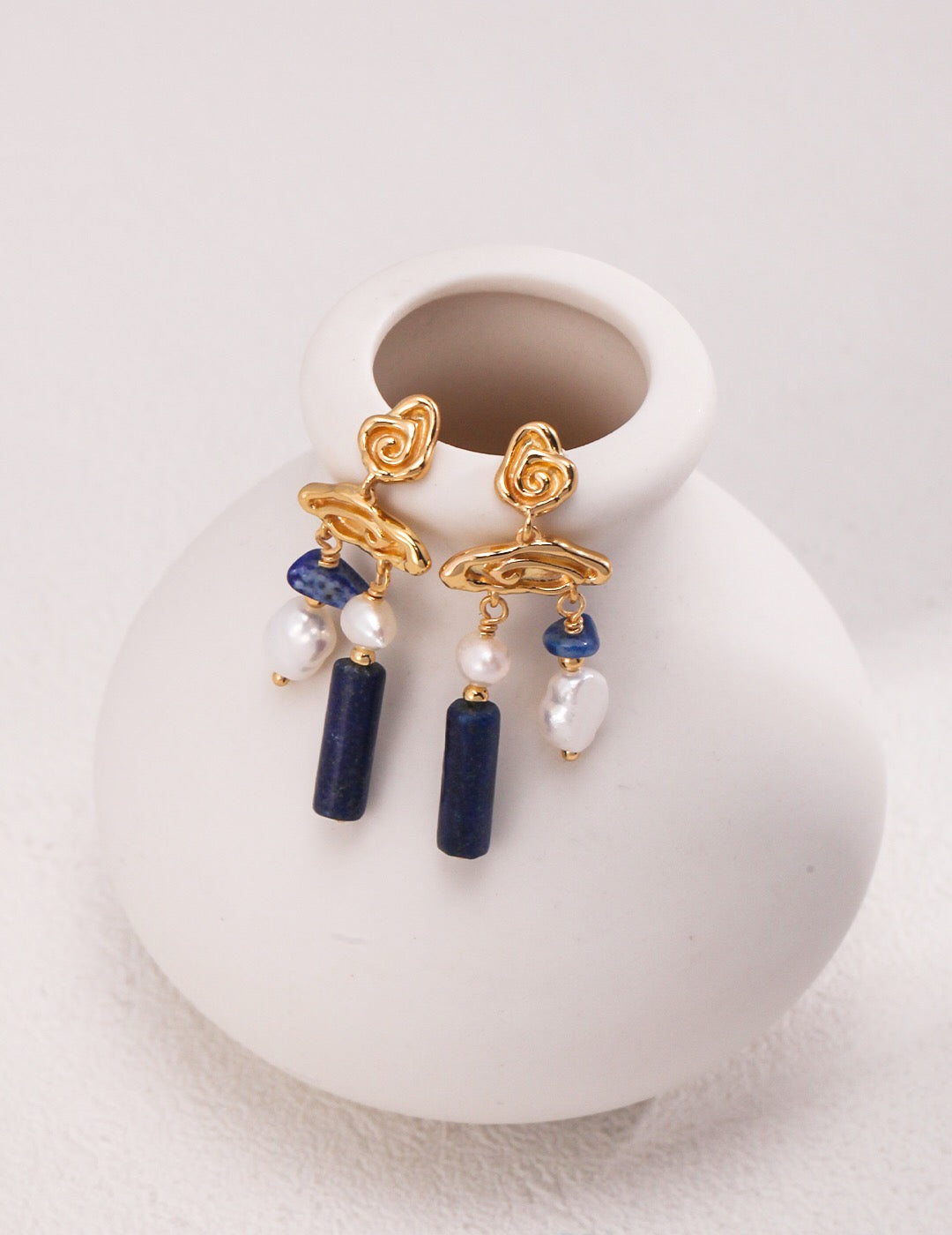 Elegant Blue Lapis Stone with Pearls Earrings, featuring natural pearls and gold vermeil, handcrafted for a luxurious look.