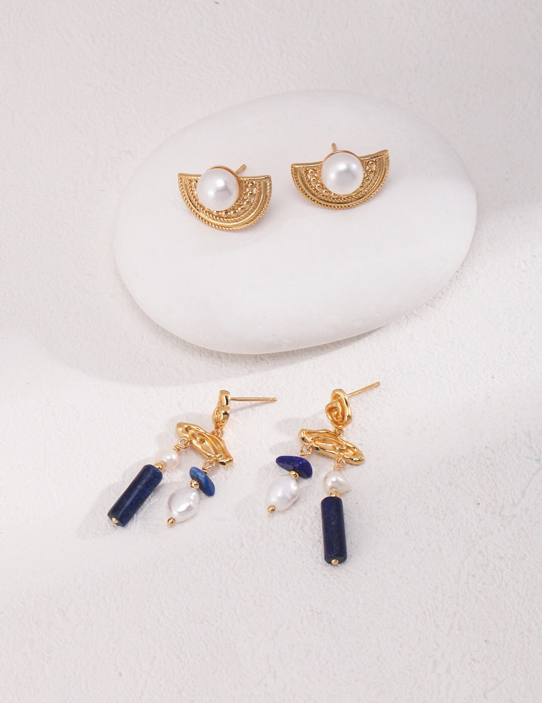 Elegant Blue Lapis Stone with Pearls Earrings, featuring natural pearls and gold vermeil, handcrafted for a luxurious look.