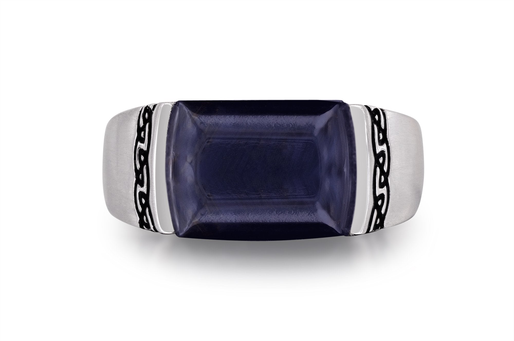 Blue Pietersite Celtic Stone Signet Ring in Sterling Silver, featuring a deep blue stone and Celtic-inspired design with black enamel.