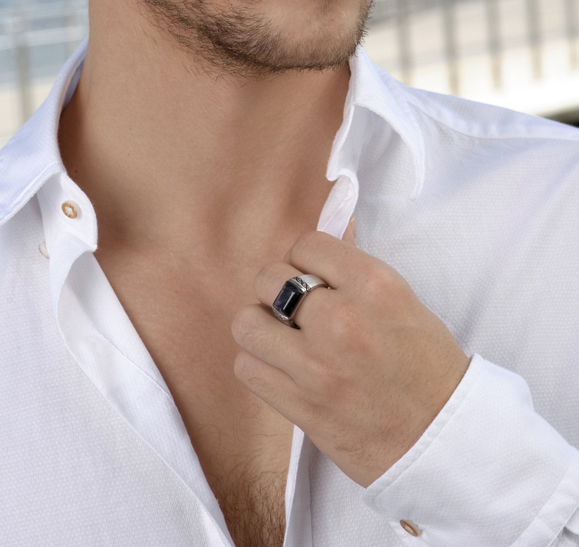 Blue Pietersite Celtic Stone Signet Ring in Sterling Silver, featuring a deep blue stone and Celtic-inspired design with black enamel.