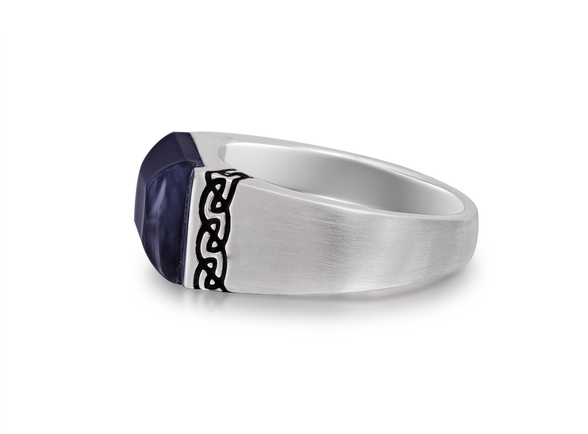 Blue Pietersite Celtic Stone Signet Ring in Sterling Silver, featuring a deep blue stone and Celtic-inspired design with black enamel.