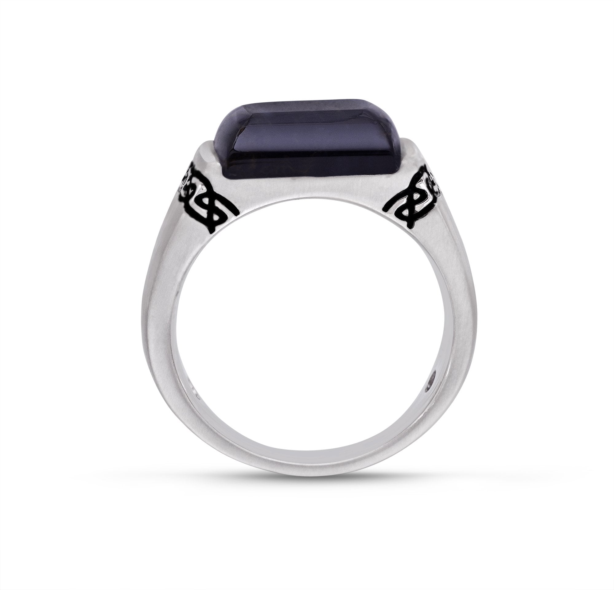 Blue Pietersite Celtic Stone Signet Ring in Sterling Silver, featuring a deep blue stone and Celtic-inspired design with black enamel.