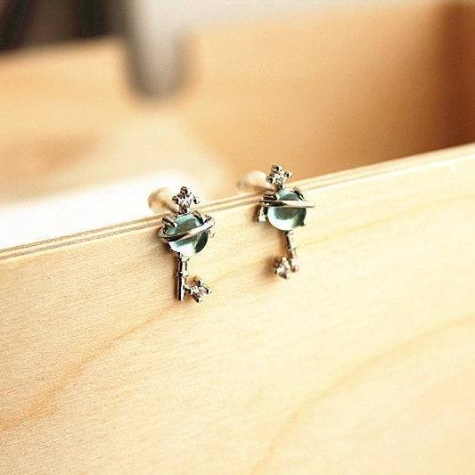 Blue Planet Star Uranus Theme Key Shape Charm Necklace featuring a light blue crystal globe and sterling silver design.