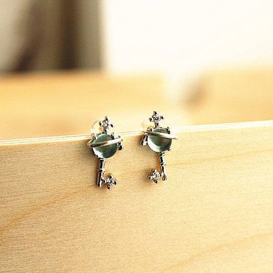 Blue Planet Star Uranus Theme Key Shape Charm Necklace featuring a light blue crystal globe and sterling silver design.