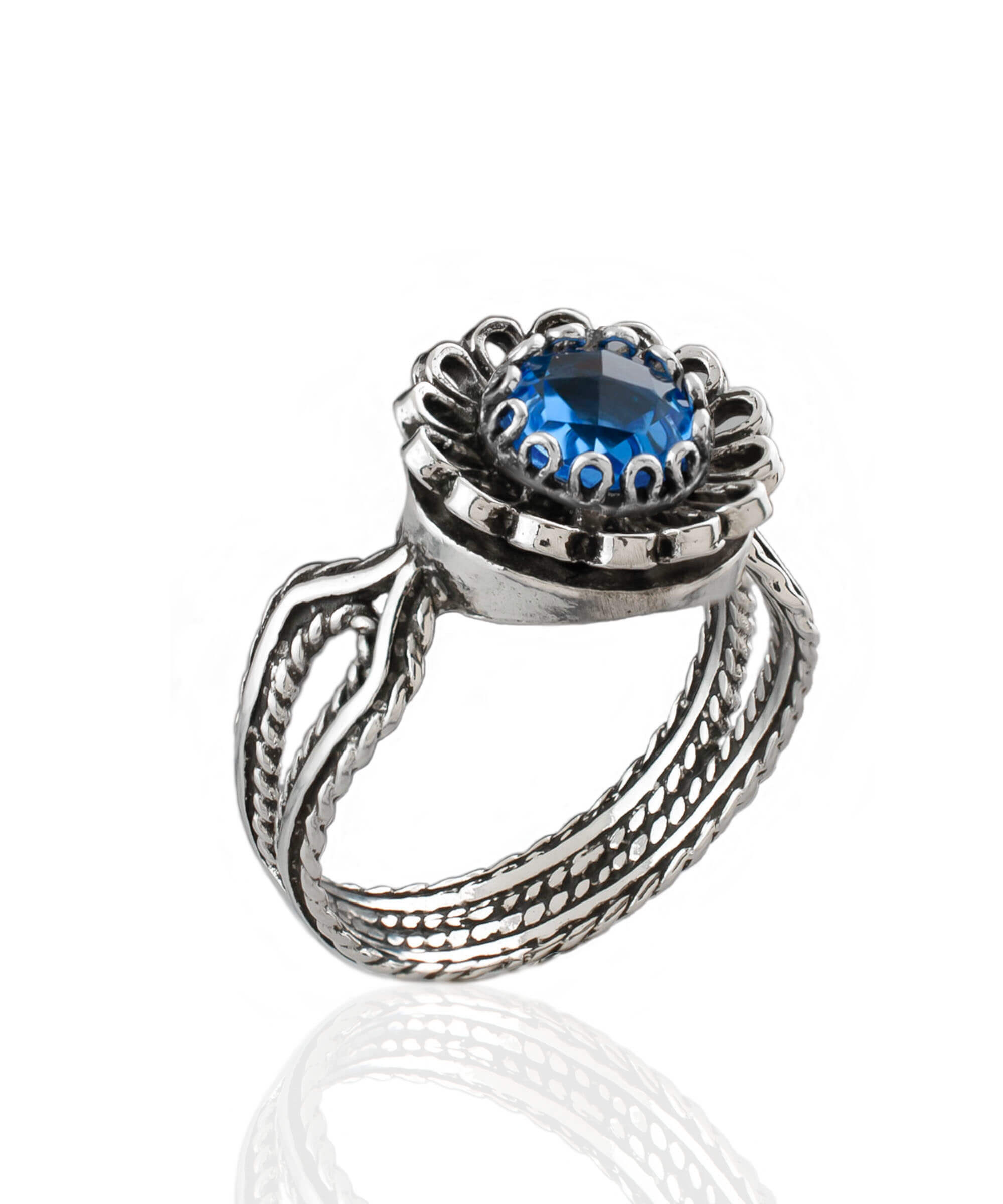 A stunning Blue Quartz Gemstone Sterling Silver Cocktail Ring featuring a delicate lace flower design, perfect for women.