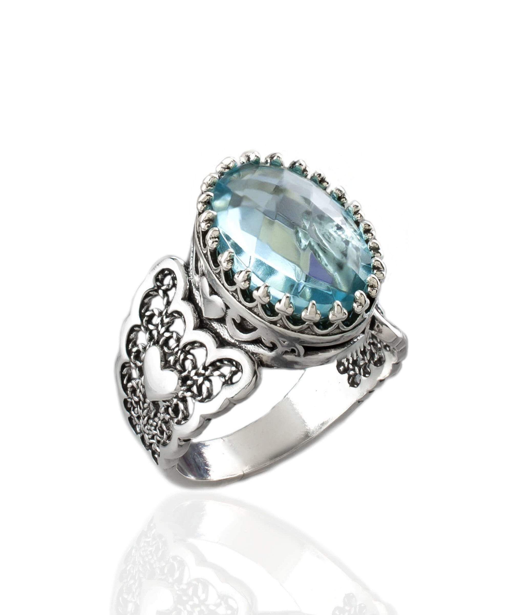 Elegant Blue Topaz Gemstone Double Heart Ring in 925 Sterling Silver with intricate filigree design.