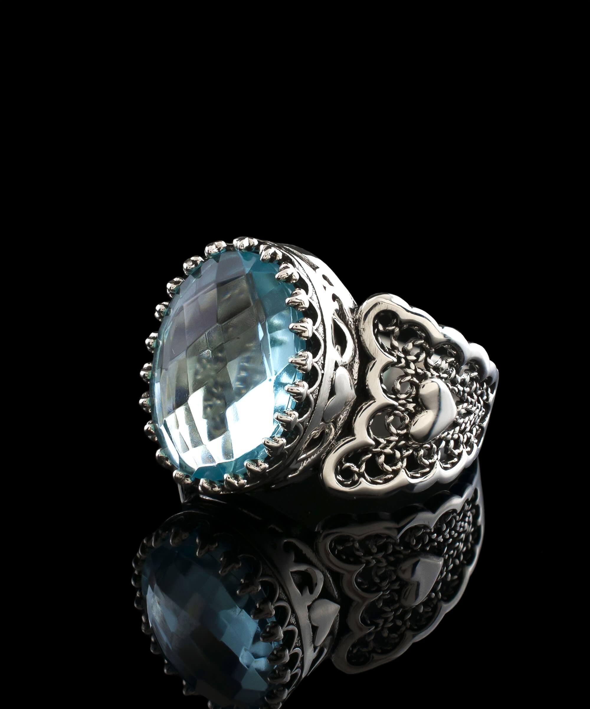 Elegant Blue Topaz Gemstone Double Heart Ring in 925 Sterling Silver with intricate filigree design.