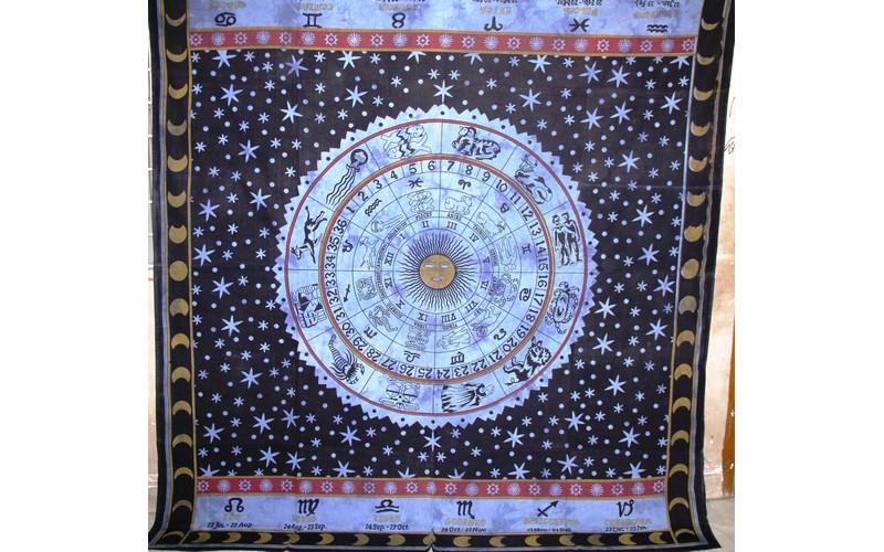 A beautiful blue wall tapestry featuring intricate zodiac signs and astrological symbols, made from 100% cotton and measuring 90 x 80 inches.