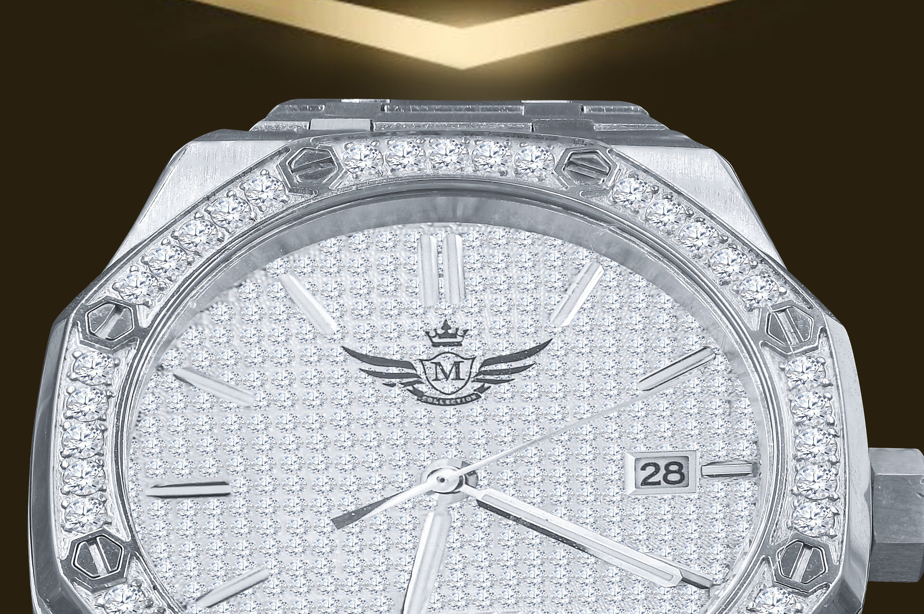 BLUEANGEL MICRO PAWE gold chronograph watch with CZ stones, featuring a stainless steel bracelet and a coruscant dial.