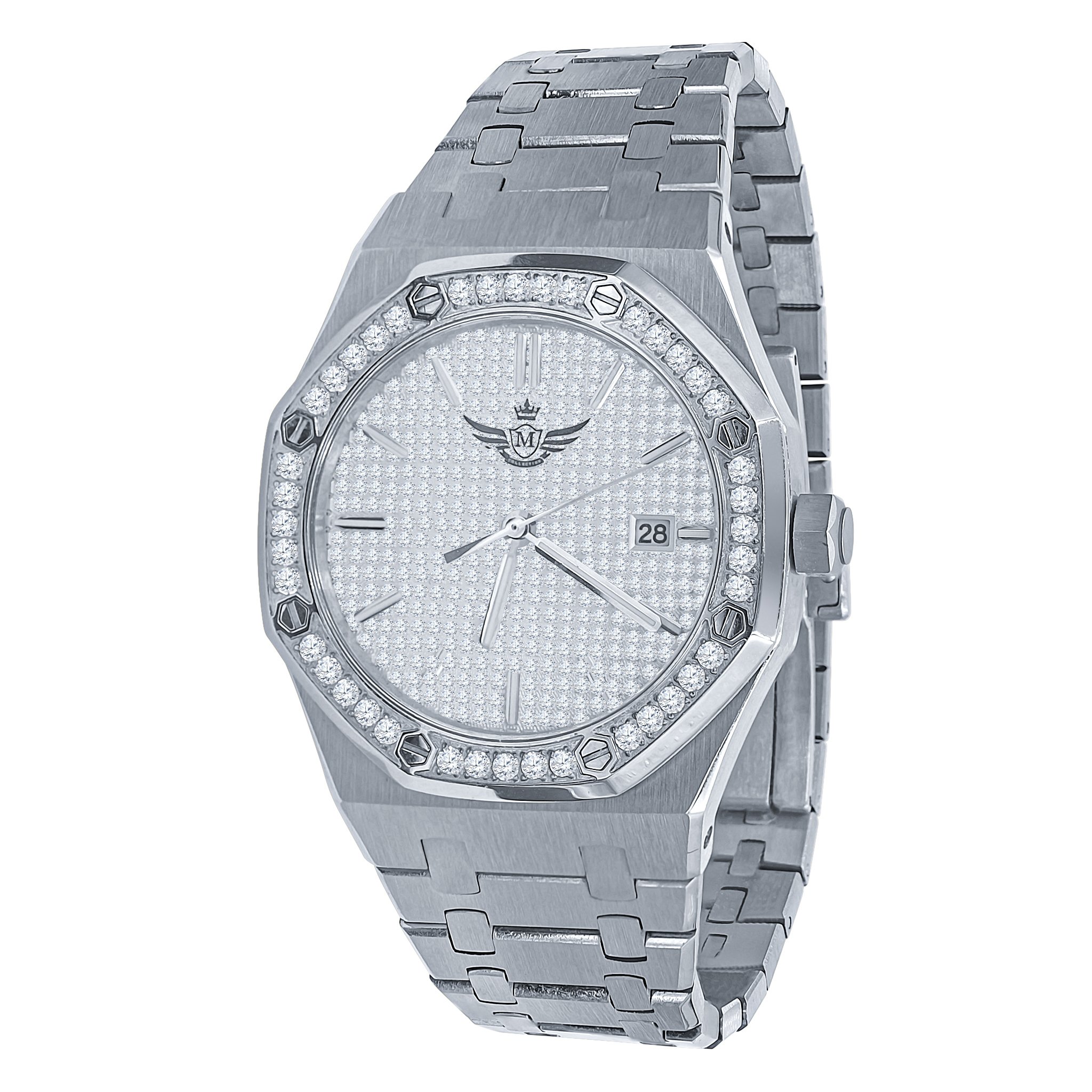 BLUEANGEL MICRO PAWE gold chronograph watch with CZ stones, featuring a stainless steel bracelet and a coruscant dial.