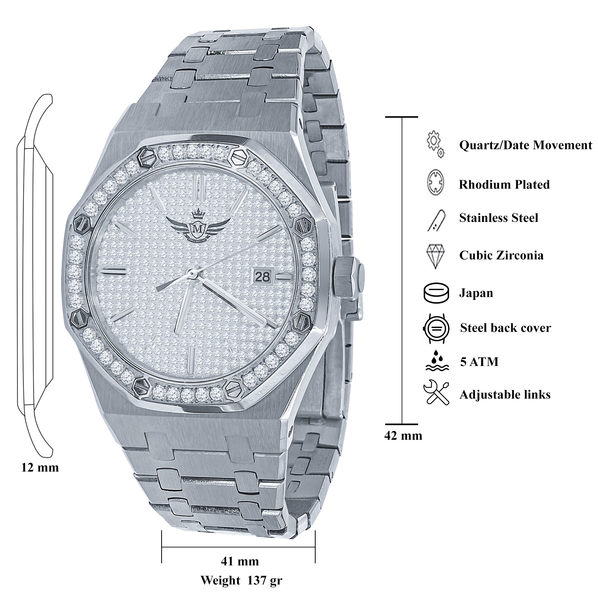 BLUEANGEL MICRO PAWE gold chronograph watch with CZ stones, featuring a stainless steel bracelet and a coruscant dial.