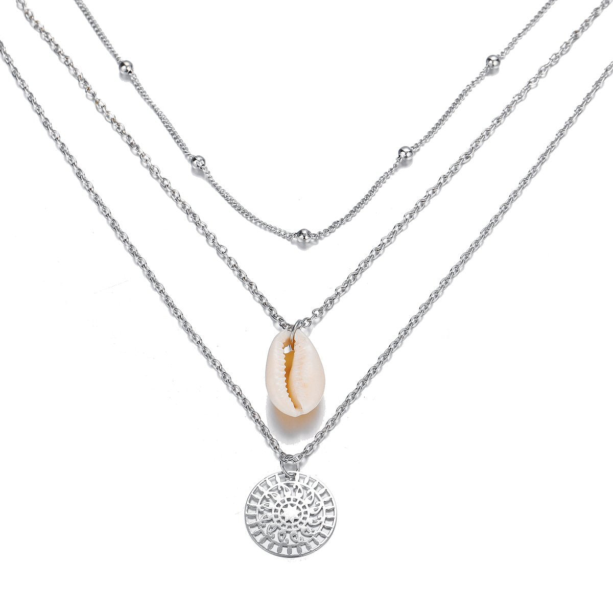 Elegant Bohemian and Shell 3 Piece Layer Necklace, 18K gold plated with a link chain design, featuring a lobster clasp closure.