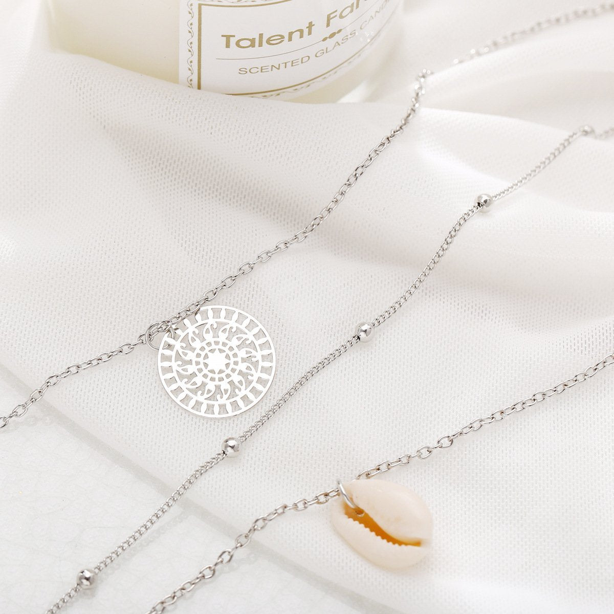 Elegant Bohemian and Shell 3 Piece Layer Necklace, 18K gold plated with a link chain design, featuring a lobster clasp closure.