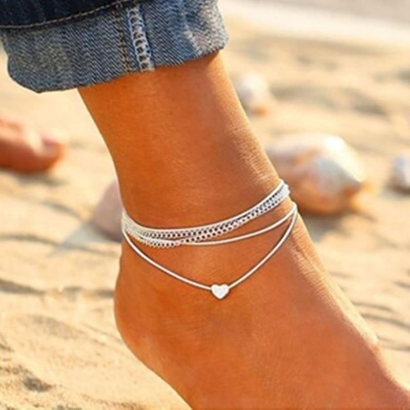 Bohemian Silver Heart Multi Chain Anklet featuring layered design with heart patterns, crafted from copper alloy.