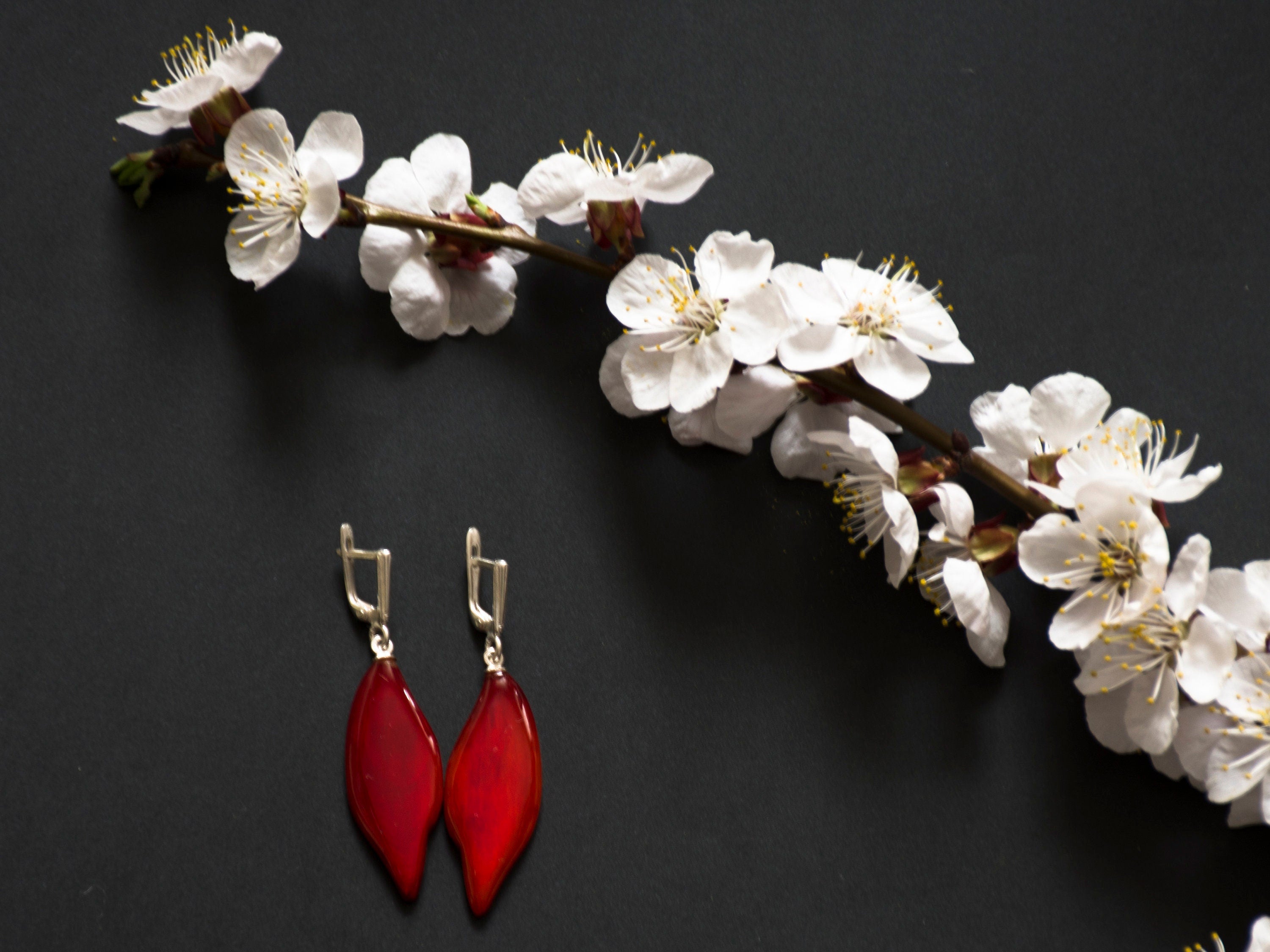 Handmade Boho earrings crafted from red buffalo horn featuring a shiny polished surface and silver English locks, showcasing a unique geometric design.