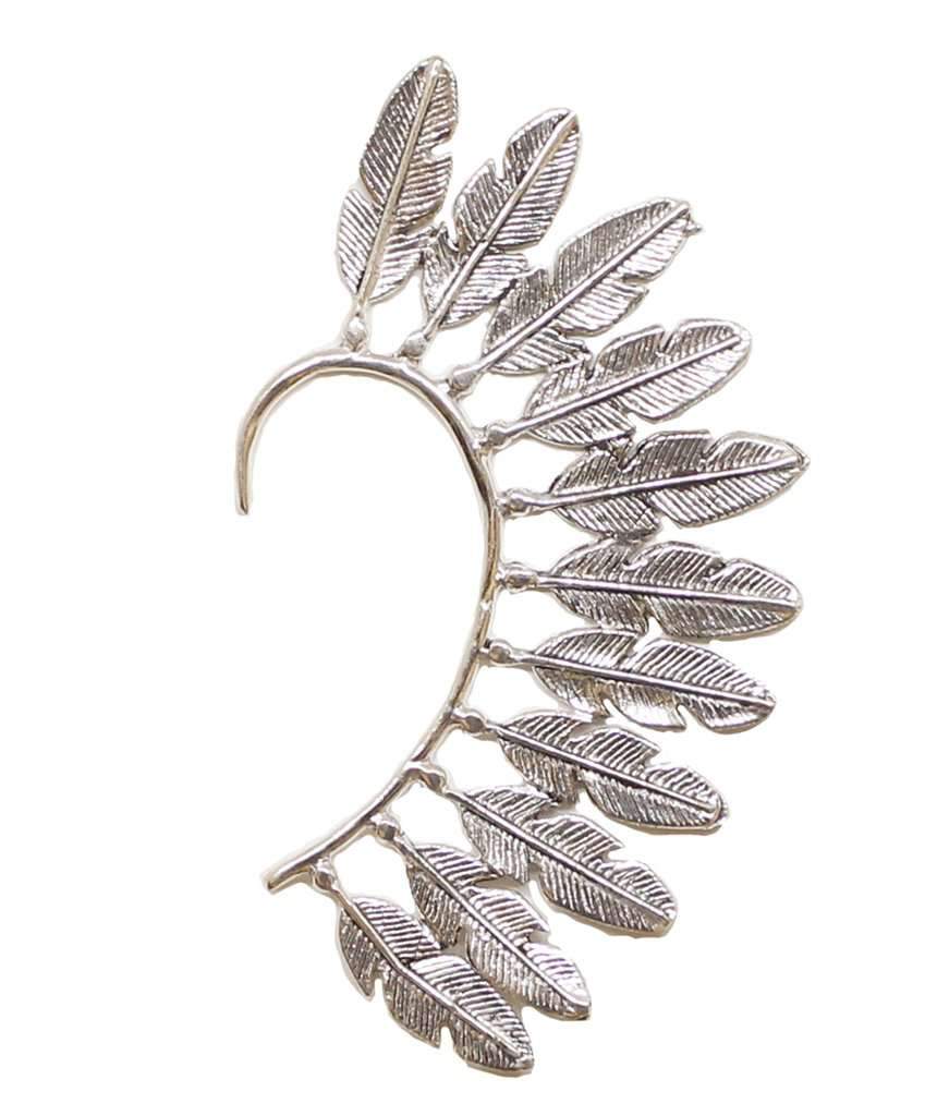 Boho Feather Earcuff in silver and gold, showcasing a unique feather design that elegantly covers the back of the ear.