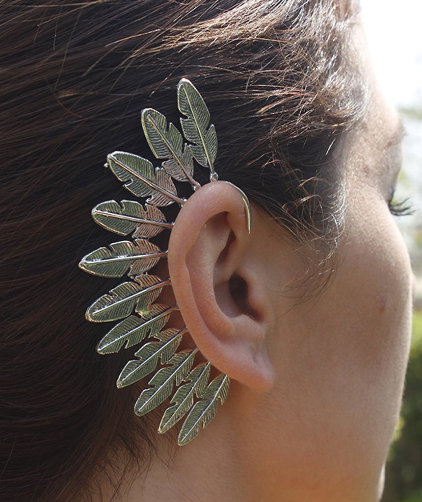 Boho Feather Earcuff in silver and gold, showcasing a unique feather design that elegantly covers the back of the ear.