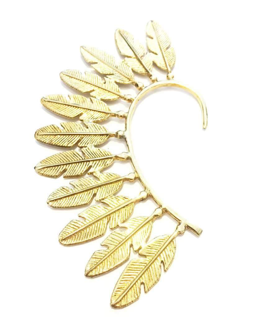 Boho Feather Earcuff in silver and gold, showcasing a unique feather design that elegantly covers the back of the ear.