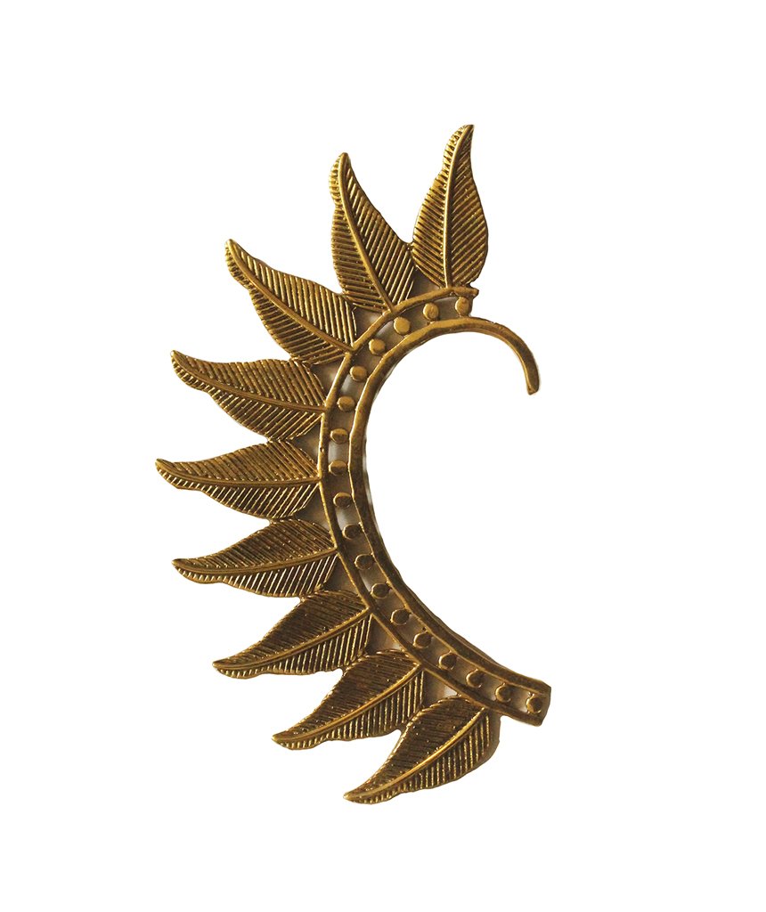 Boho Feather Earcuff in gold and silver, showcasing intricate feather design and adjustable fit, perfect for festivals and parties.