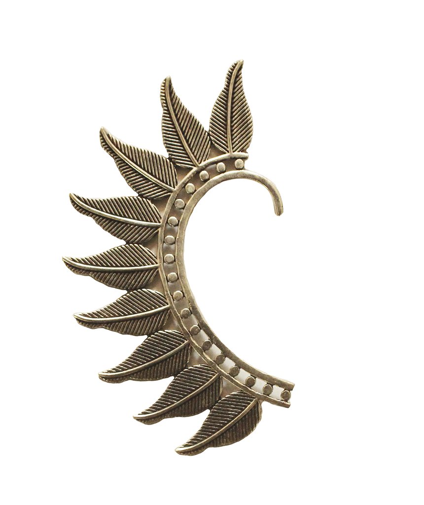 Boho Feather Earcuff in gold and silver, showcasing intricate feather design and adjustable fit, perfect for festivals and parties.