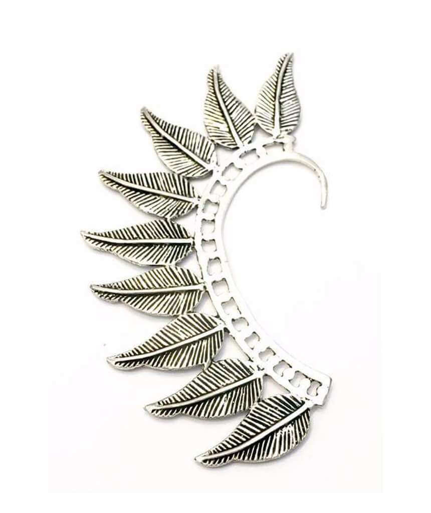 Boho Feather Earcuff in gold and silver, showcasing intricate feather design and adjustable fit, perfect for festivals and parties.