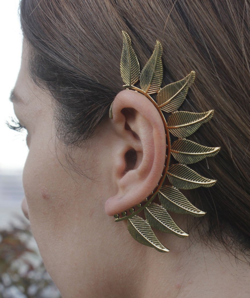 Boho Feather Earcuff in gold and silver, showcasing intricate feather design and adjustable fit, perfect for festivals and parties.