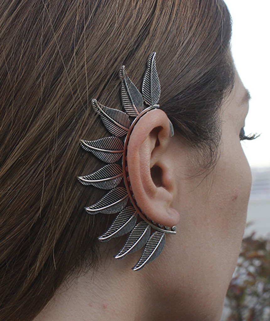 Boho Feather Earcuff in gold and silver, showcasing intricate feather design and adjustable fit, perfect for festivals and parties.