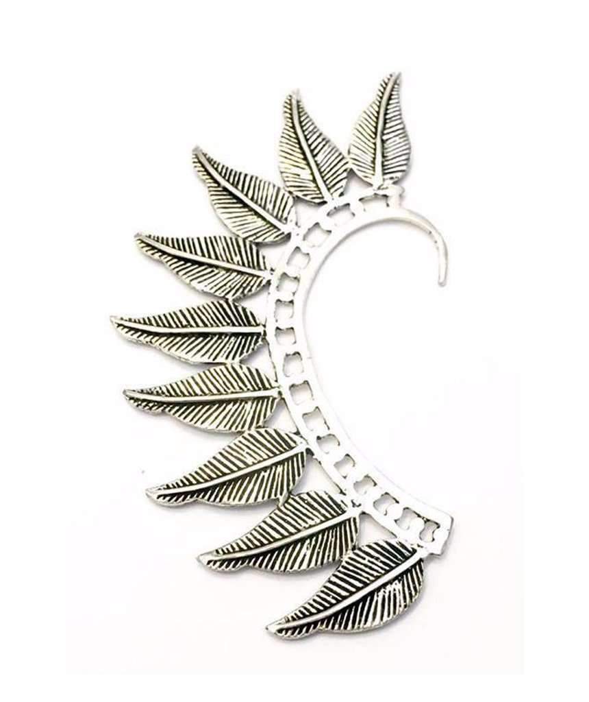 Boho Feather Earcuff in gold and silver, showcasing intricate feather design and adjustable fit, perfect for festivals and parties.