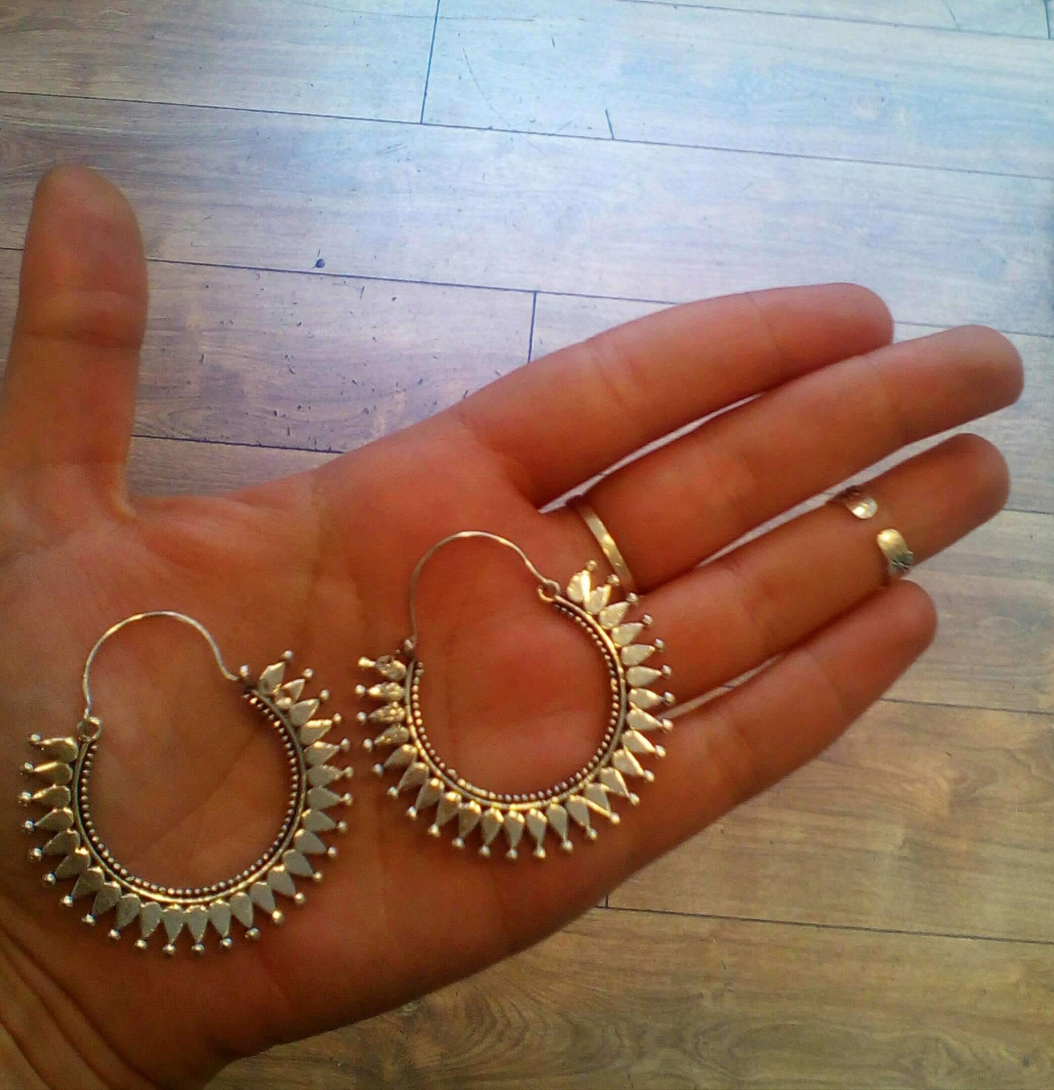 A pair of elegant Boho Hoop Earrings, handmade in London from hypoallergenic brass, featuring a stylish bohemian design.