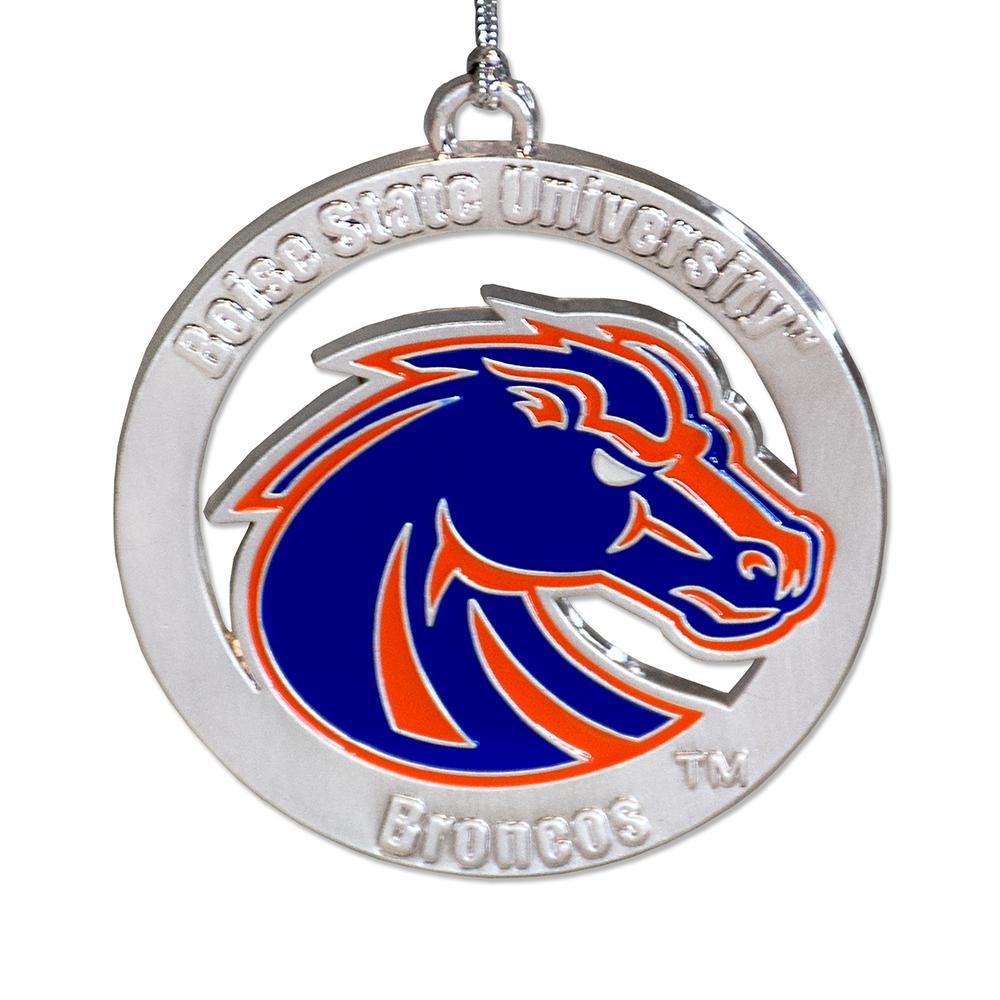 A vibrant Boise State Ornament featuring the school's logo, perfect for holiday decorations.