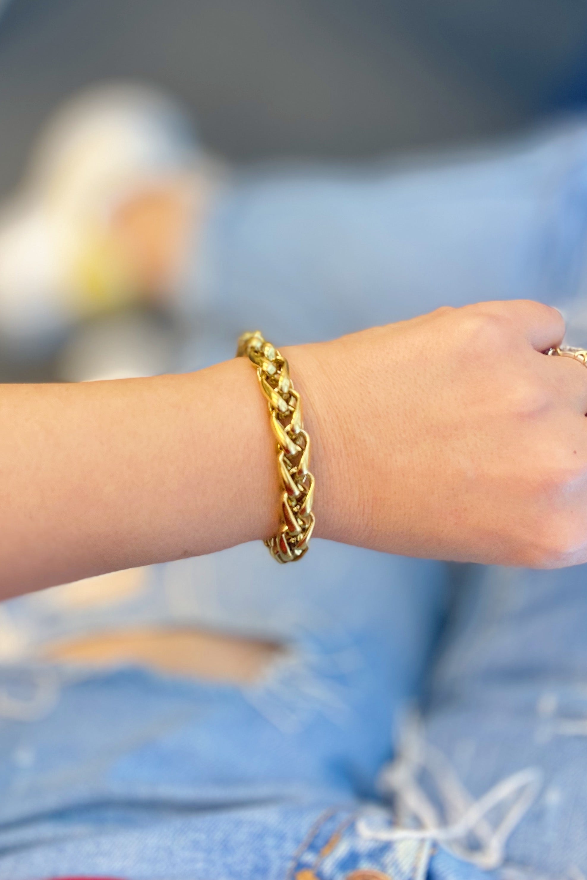 A stylish Bold And Edgy Chain Bracelet featuring small interconnected links, 18k gold plated stainless steel, perfect for layering or as a statement piece.