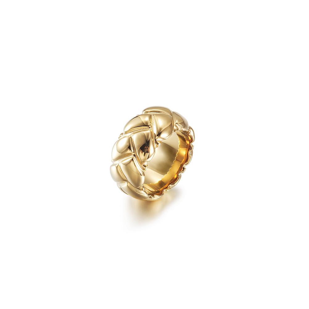 A stylish Bold Braided Ring made from 316L surgical stainless steel with 14K gold plating, featuring a unique braided design.