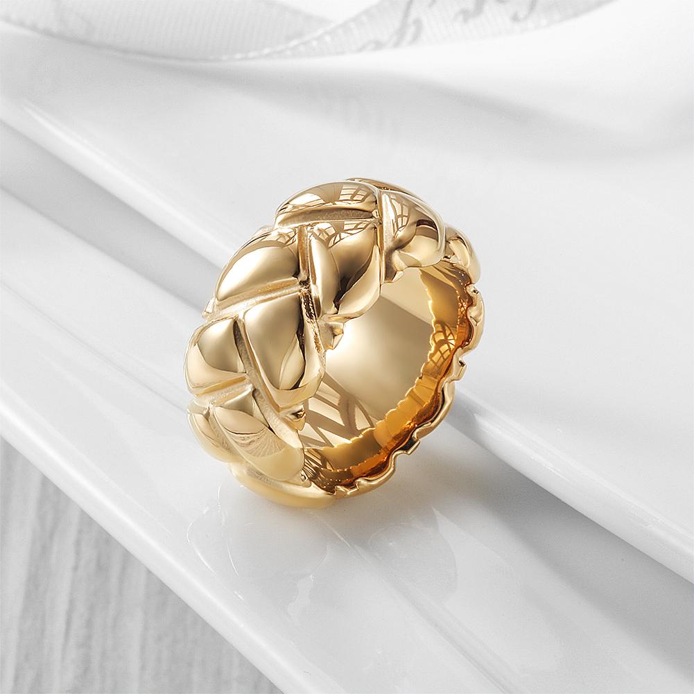 A stylish Bold Braided Ring made from 316L surgical stainless steel with 14K gold plating, featuring a unique braided design.