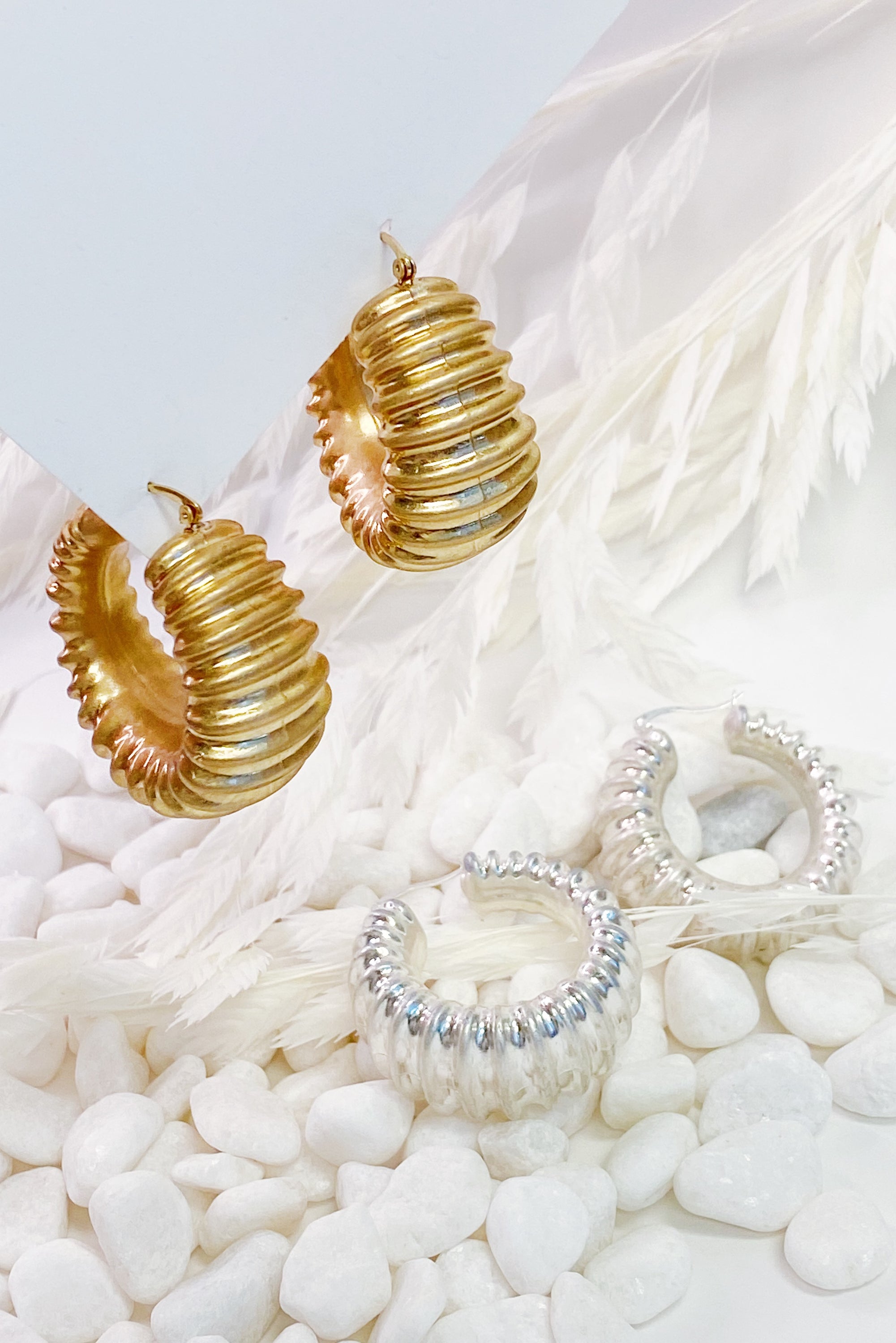 Bold In Pleats Hoop Earrings featuring a unique pleated texture, gold plated alloy metal, and lightweight design, perfect for everyday wear.