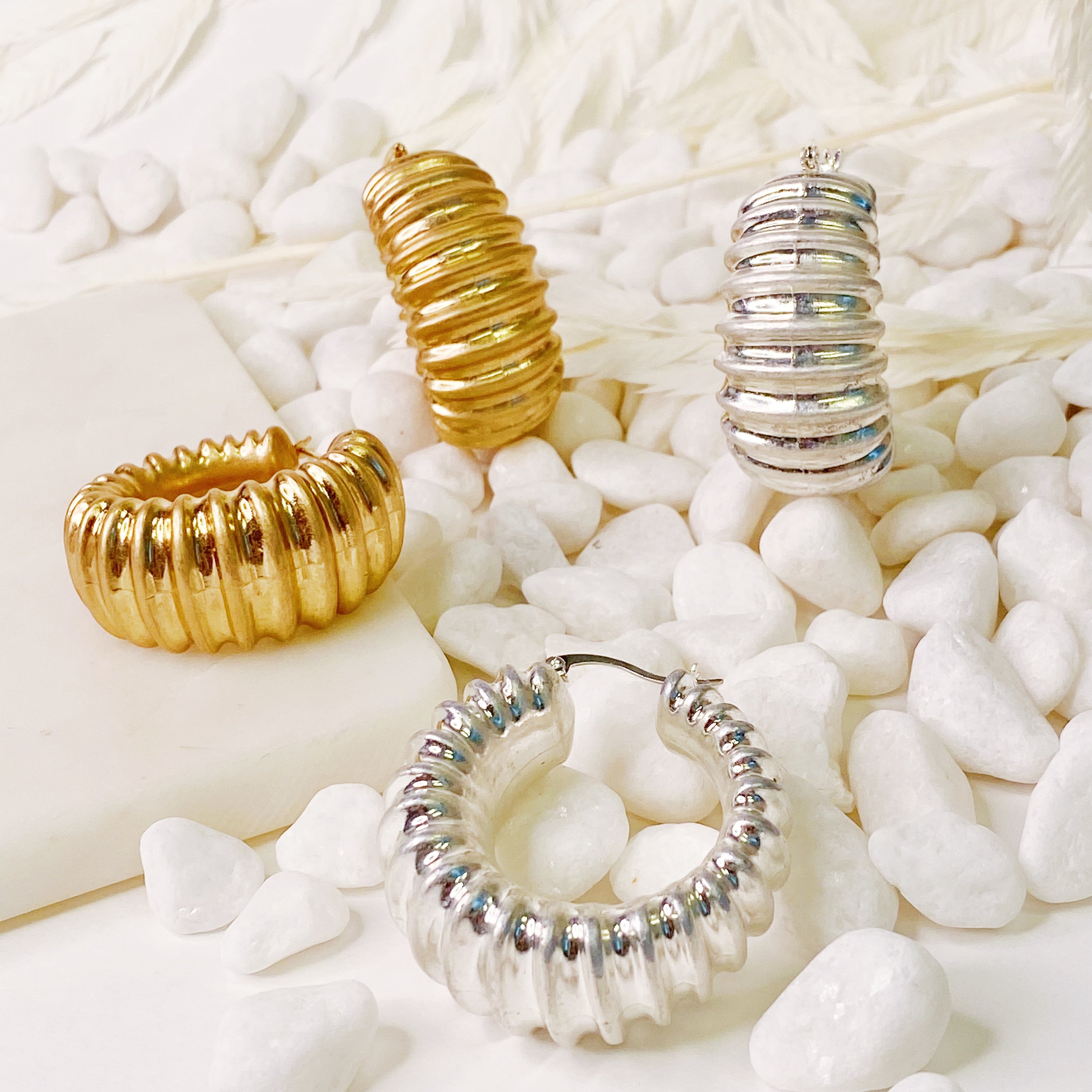 Bold In Pleats Hoop Earrings featuring a unique pleated texture, gold plated alloy metal, and lightweight design, perfect for everyday wear.