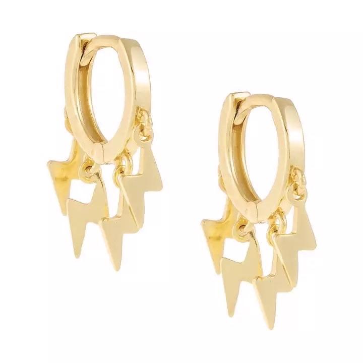 A pair of elegant Bolt Huggies made from 14k gold filled over sterling silver, showcasing a mini hoop design.