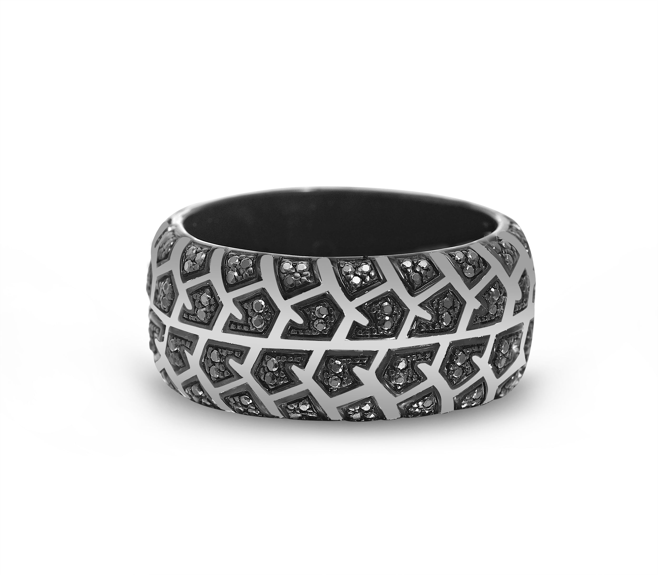 Born Drifter Black Rhodium Plated Sterling Silver Ring featuring a tire tread design and black diamonds, elegantly crafted for a modern look.
