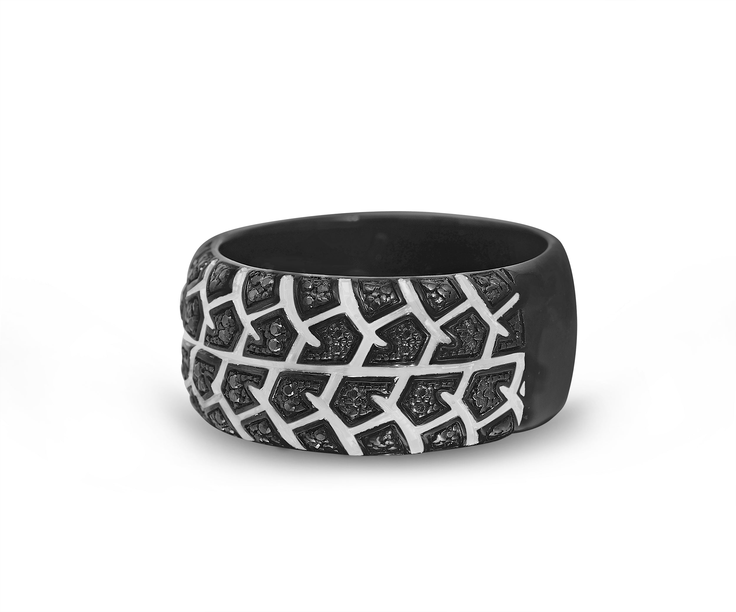 Born Drifter Black Rhodium Plated Sterling Silver Ring featuring a tire tread design and black diamonds, elegantly crafted for a modern look.