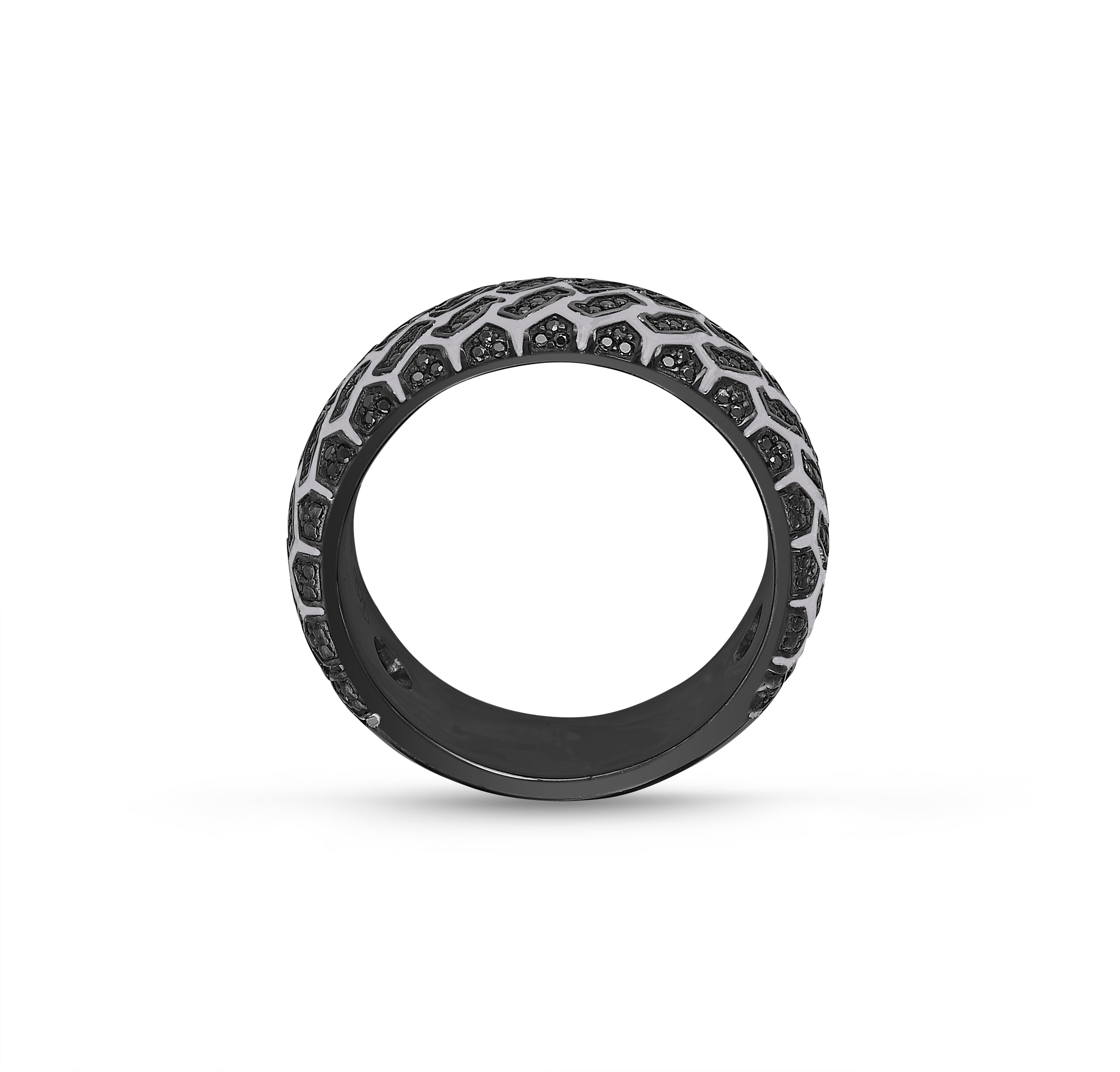 Born Drifter Black Rhodium Plated Sterling Silver Ring featuring a tire tread design and black diamonds, elegantly crafted for a modern look.