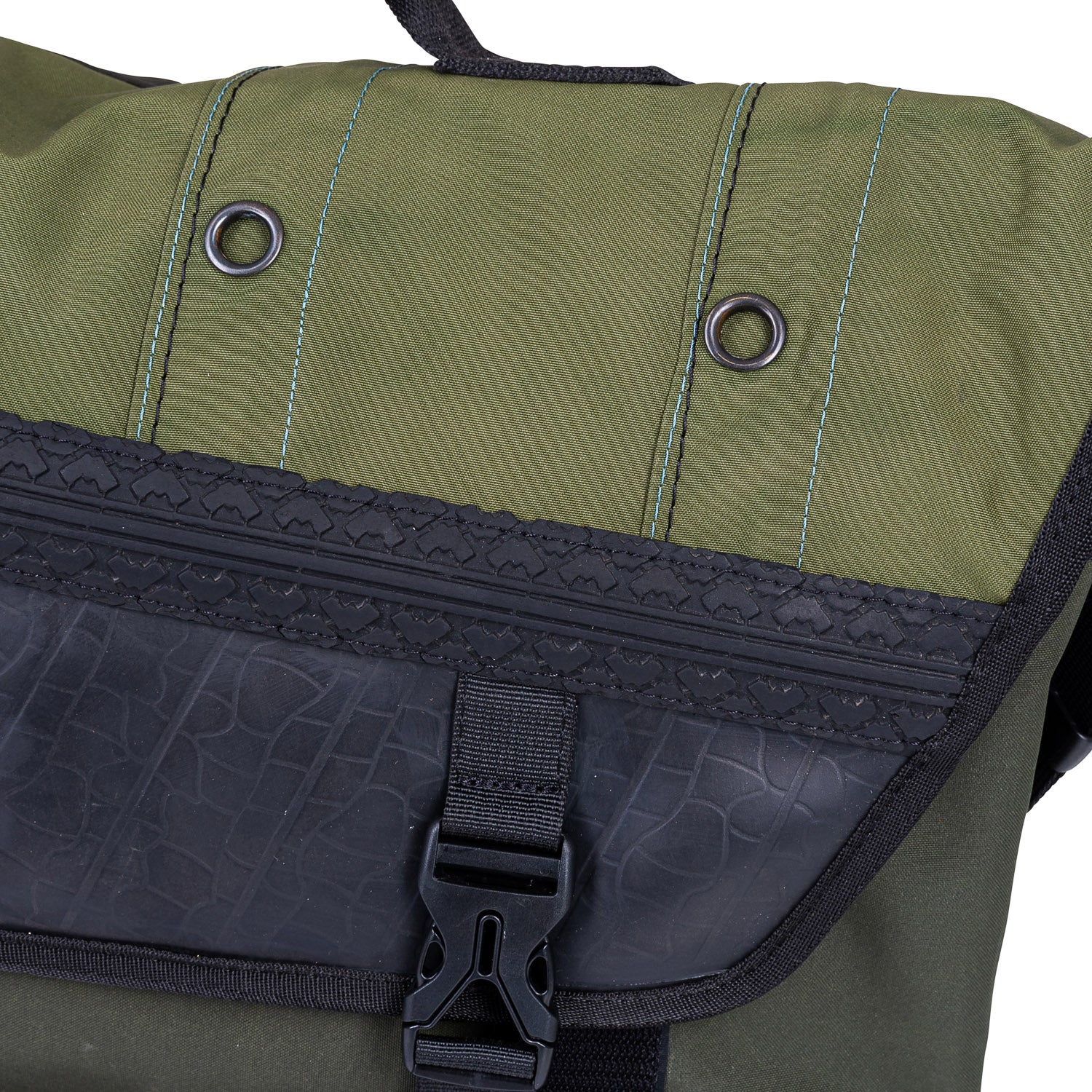 Bradley Upcycled Water Resistant Bike Messenger Bag made from reclaimed materials, featuring adjustable straps and a padded laptop compartment.