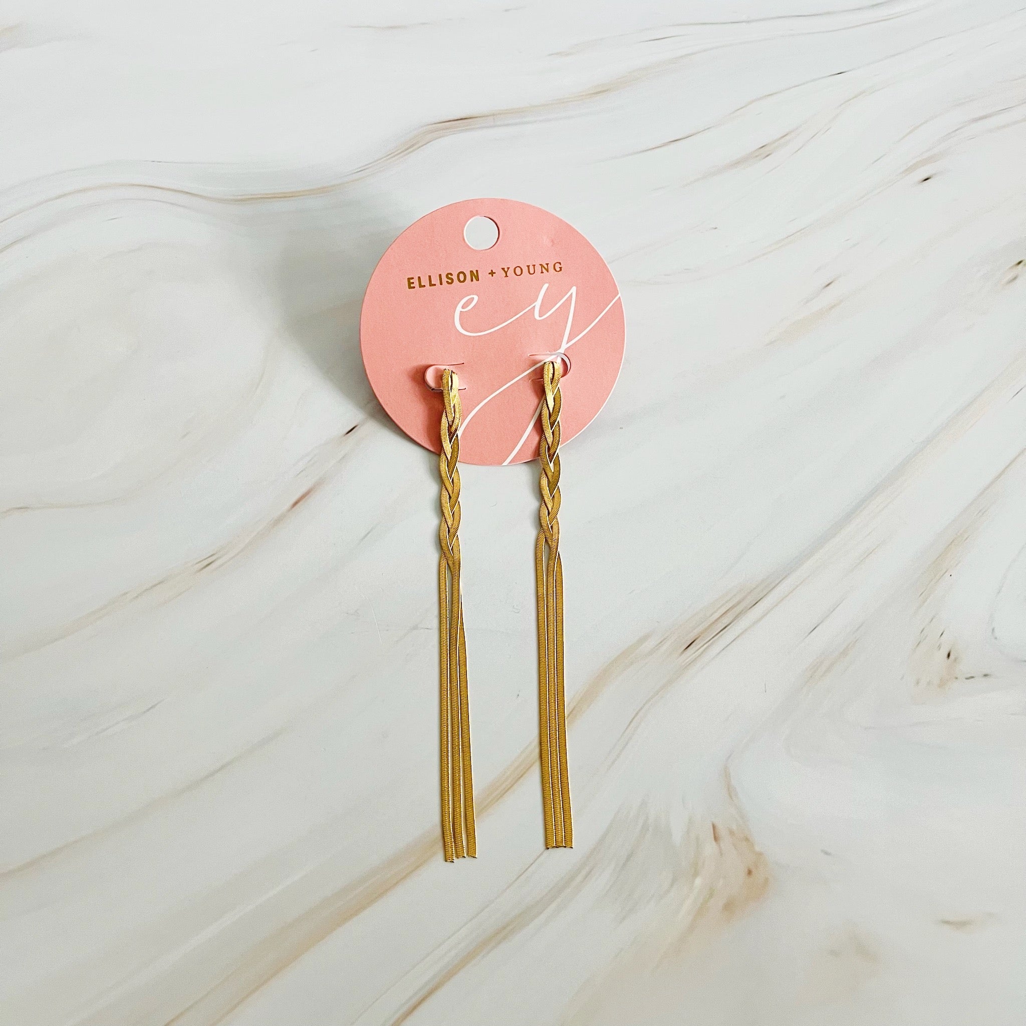 Elegant Braided Herringbone Chain Drop Earrings in 18k gold plating, showcasing a unique braided design and drop style.