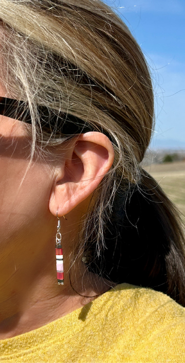 Bright Pink and White Striped Silver Tila Bead Earrings, showcasing vibrant colors and unique design.