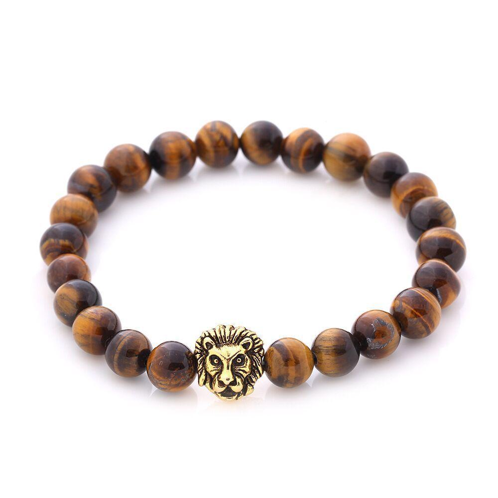 Brown natural stone lion head stretch bracelet with 18K gold plating, showcasing intricate details and a comfortable fit.