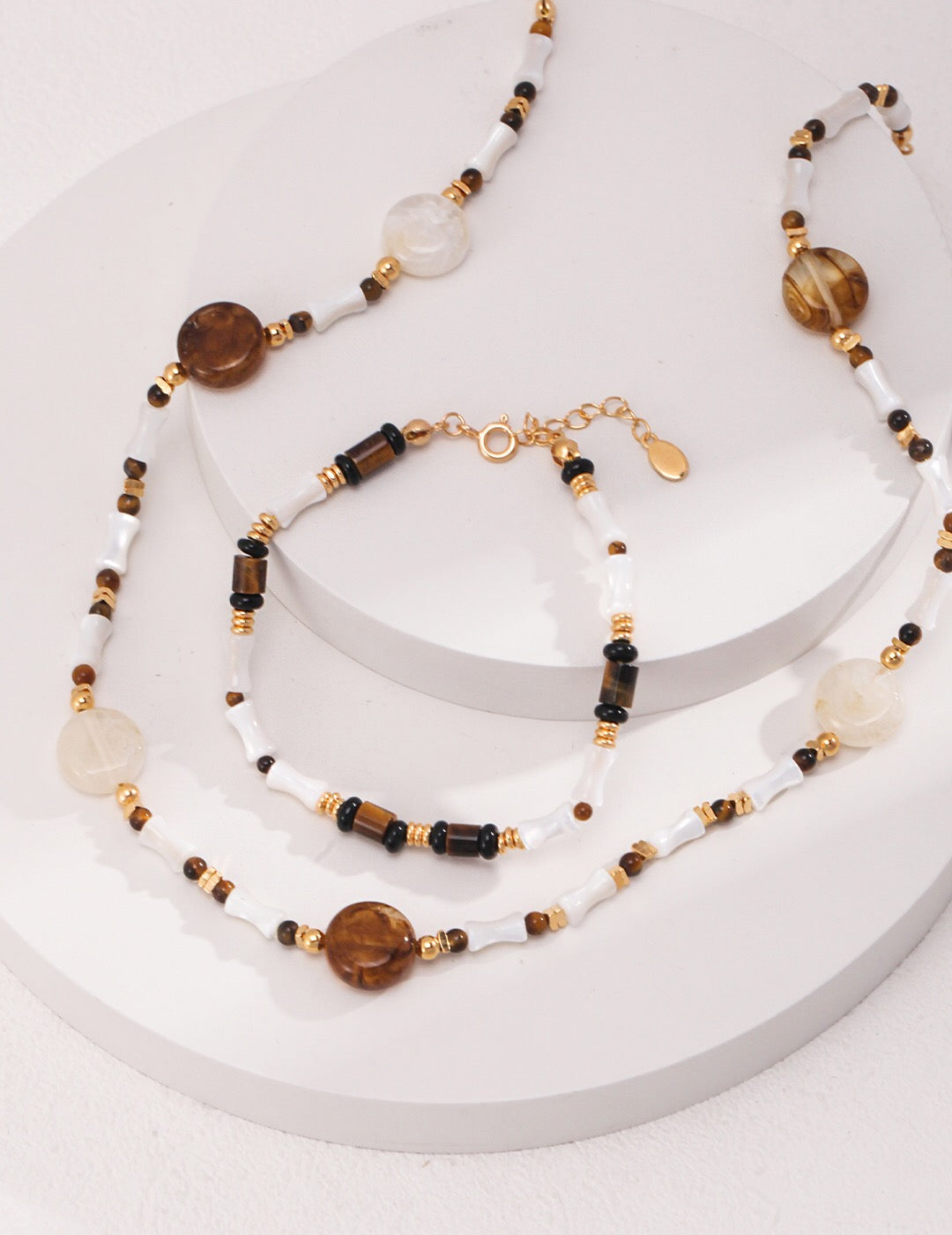 Brown Tiger Eye Stone Shell Beaded Necklace featuring coffee-beige round disc beads, natural sea shell tube beads, and gold vermeil accents.