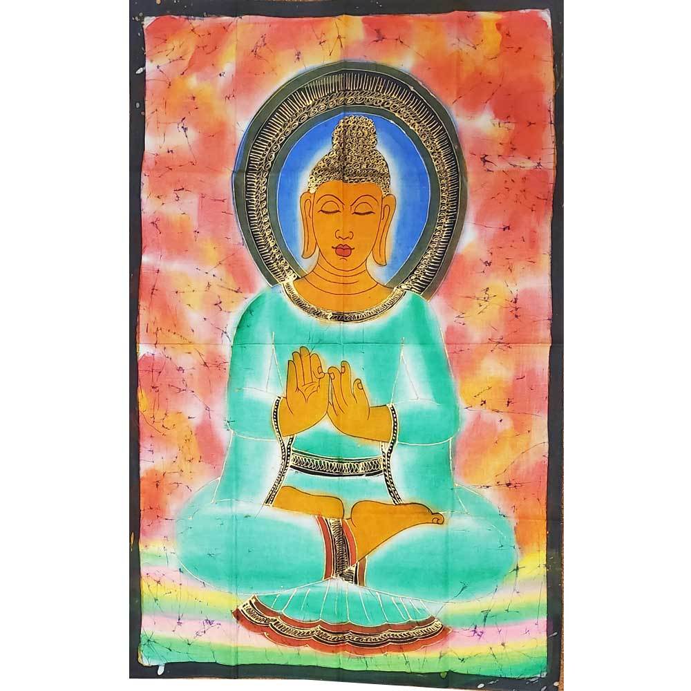 Hand-painted wall art depicting Buddha in double lotus position, vibrant colors and intricate details, perfect for meditation spaces.