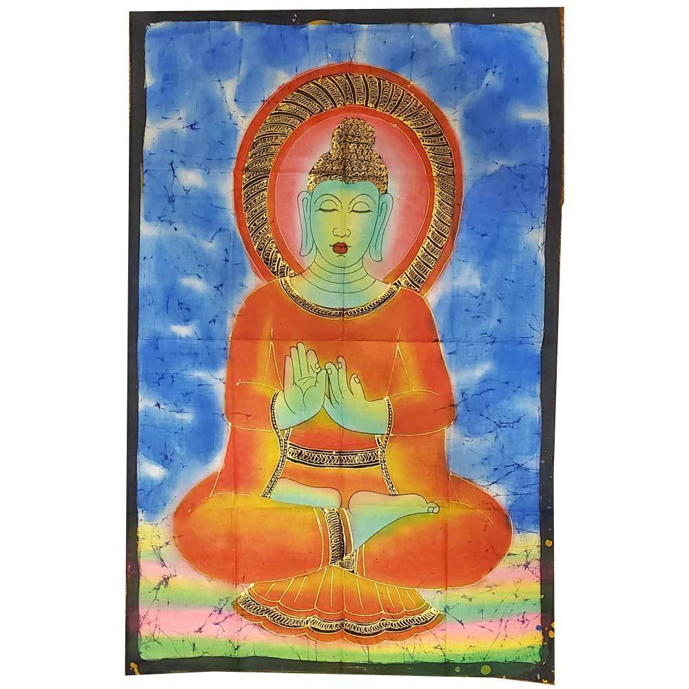 Hand-painted wall art depicting Buddha in double lotus position, vibrant colors and intricate details, perfect for meditation spaces.
