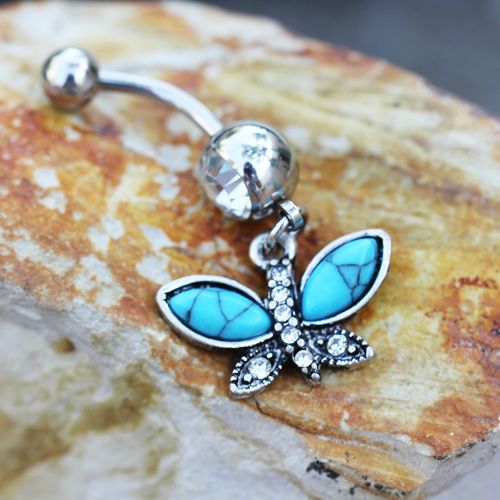 Butterfly Dangle Navel Ring with turquoise stones and clear cubic zirconia, showcasing an antique black plated finish.
