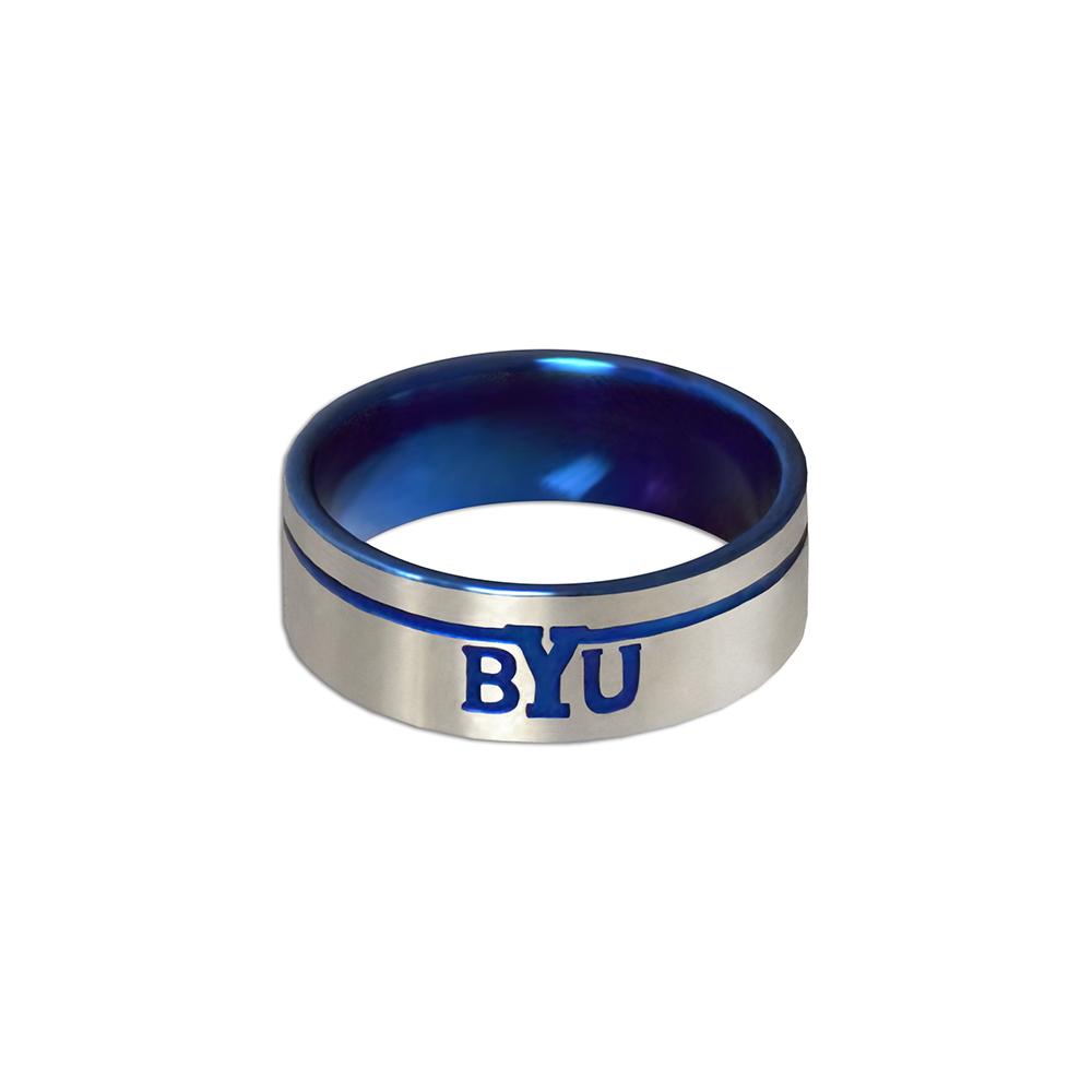 Stylish BYU Astro Ring made of durable stainless steel, showcasing the BYU logo.