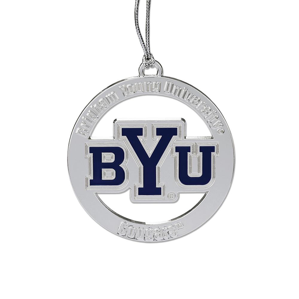 A 2-inch BYU Brigham Young University ornament featuring the BYU logo, perfect for holiday decorations.